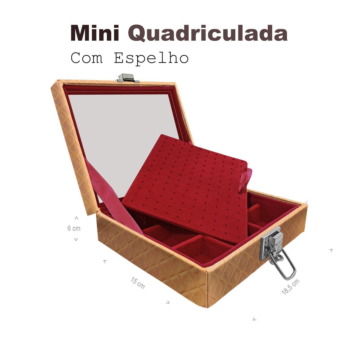 Estojo Maleta Porta Jóias Mini Quadriculada Dijon Dourado Com Espelho Sem Alça