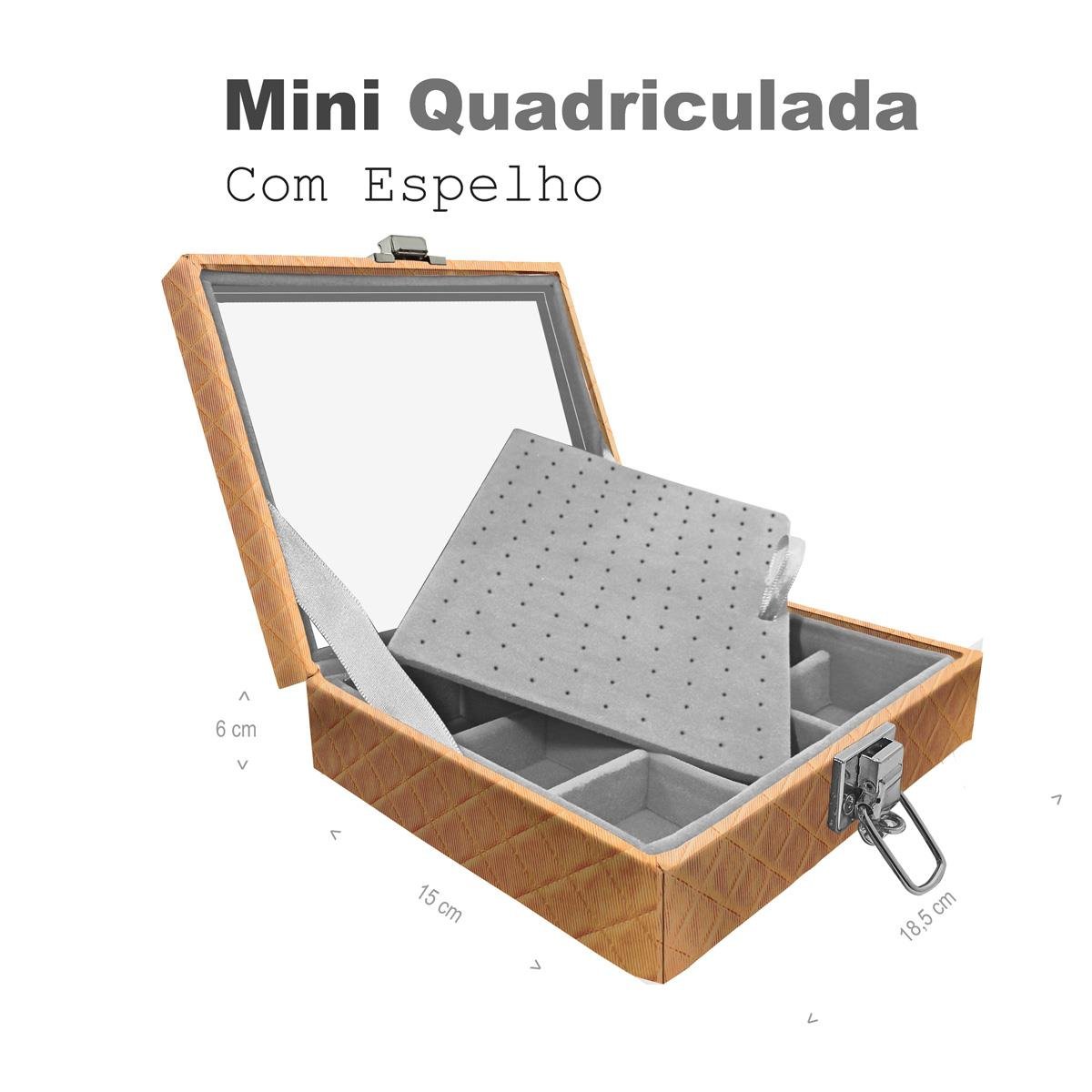 Estojo Maleta Porta Jóias Mini Quadriculada Dijon Dourado Com Espelho Sem Alça