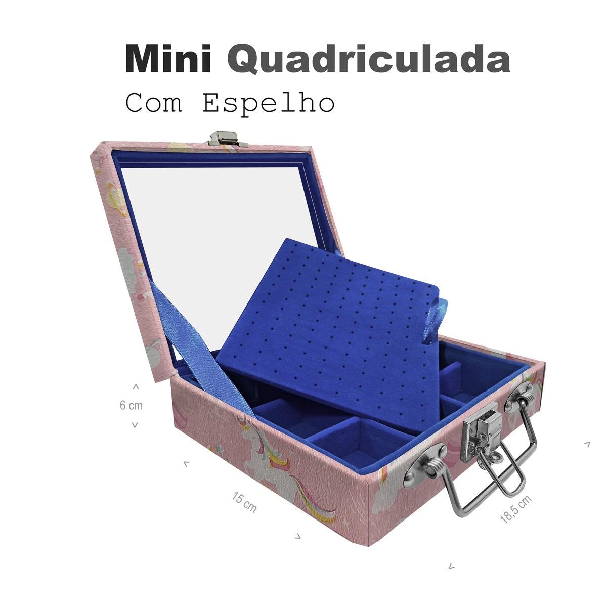 Maleta Mini Quadriculada Unicórnio Rosa Com Espelho - Sob Encomenda