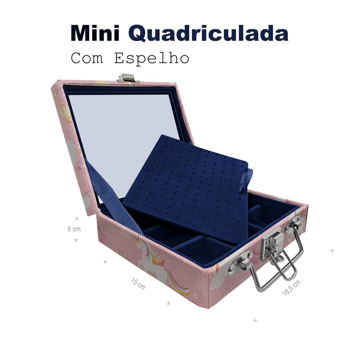 Maleta Mini Quadriculada Unicórnio Rosa Com Espelho - Sob Encomenda