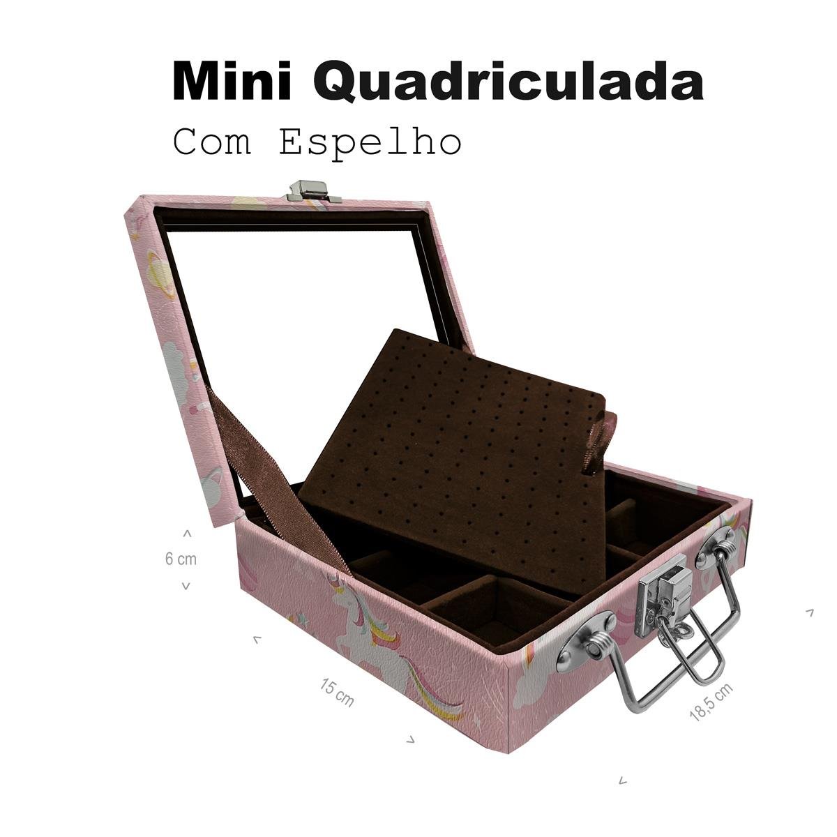 Maleta Mini Quadriculada Unicórnio Rosa Com Espelho - Sob Encomenda