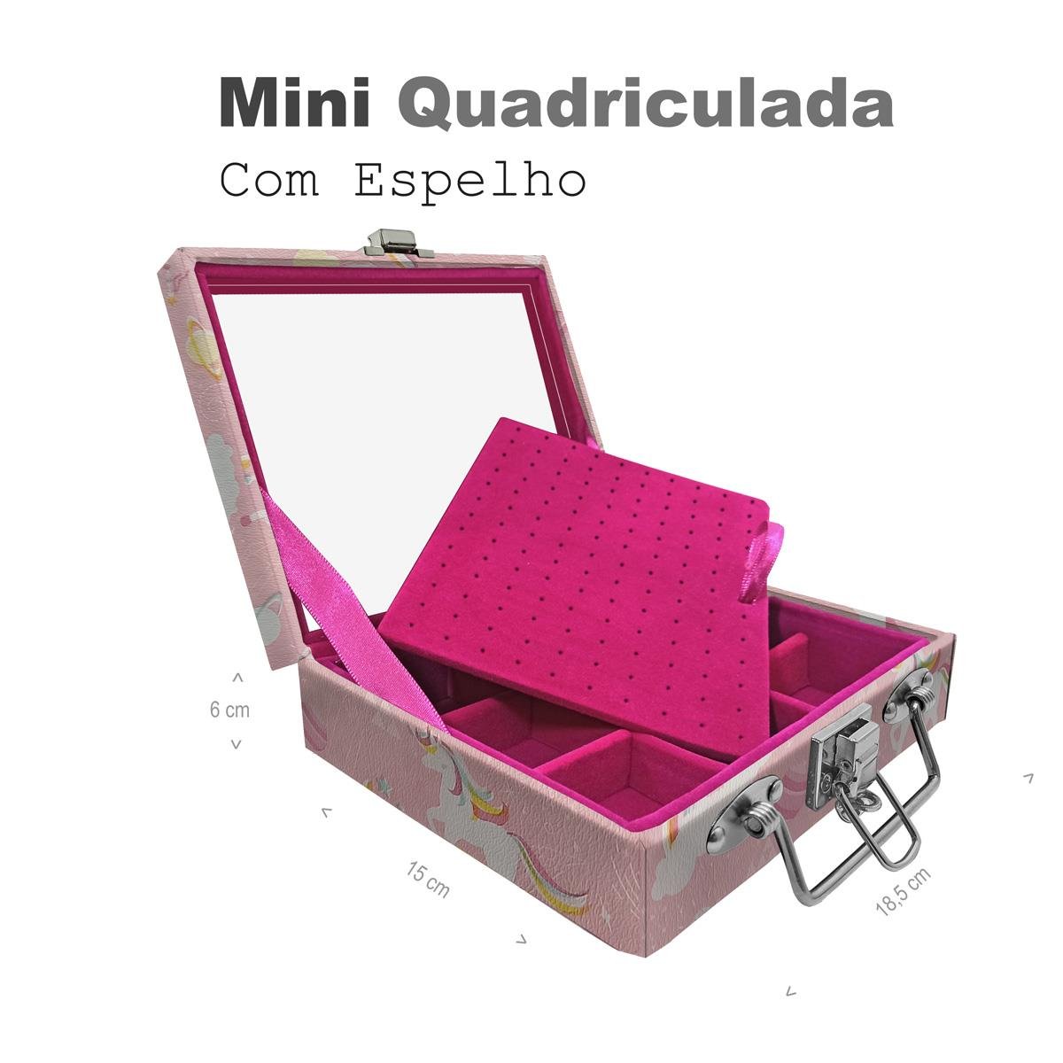 Maleta Mini Quadriculada Unicórnio Rosa Com Espelho - Sob Encomenda