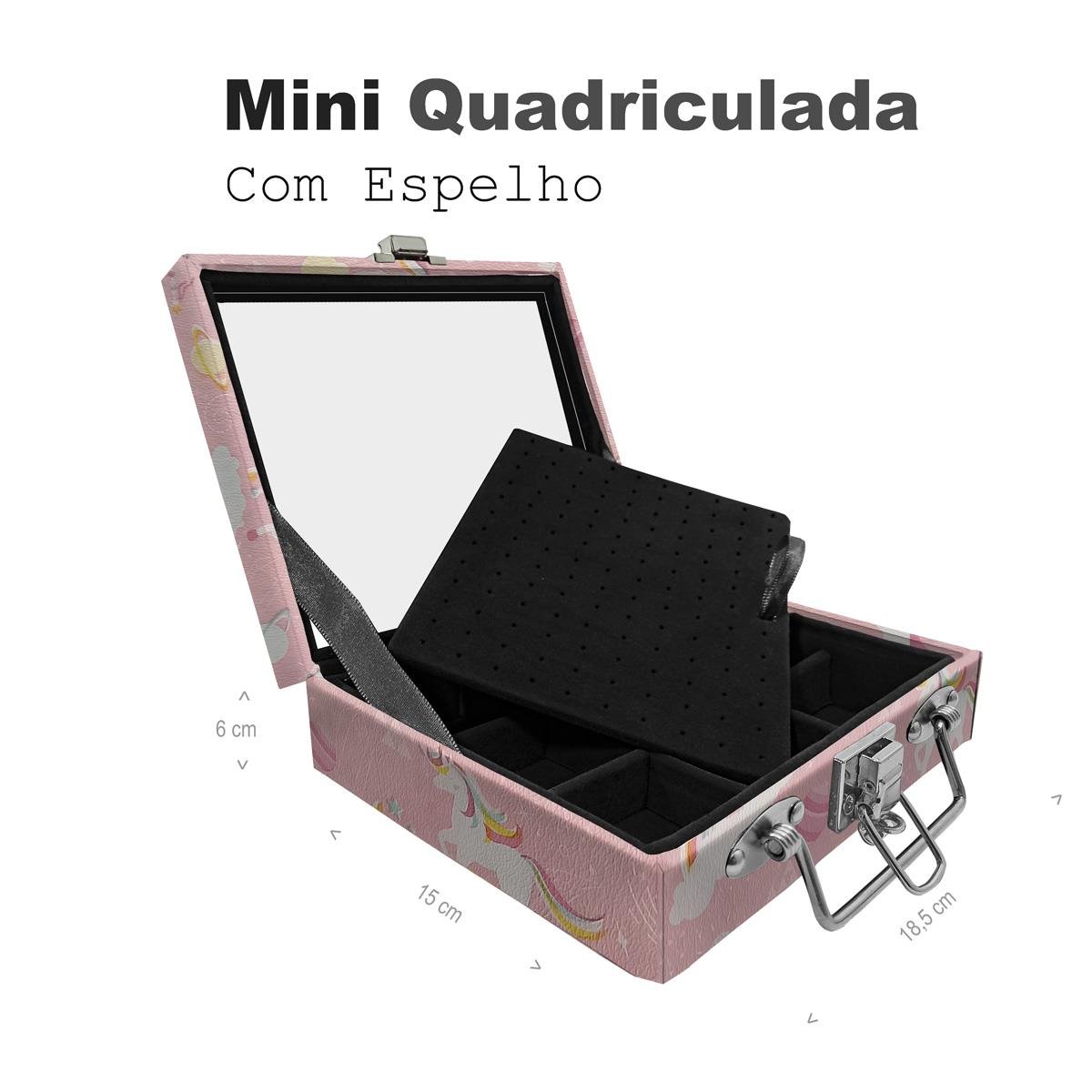 Maleta Mini Quadriculada Unicórnio Rosa Com Espelho - Sob Encomenda