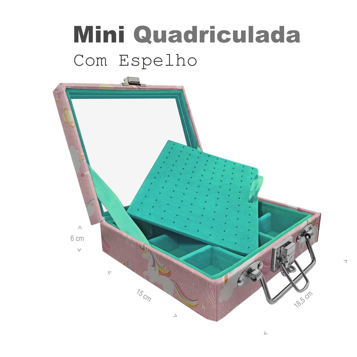 Maleta Mini Quadriculada Unicórnio Rosa Com Espelho - Sob Encomenda