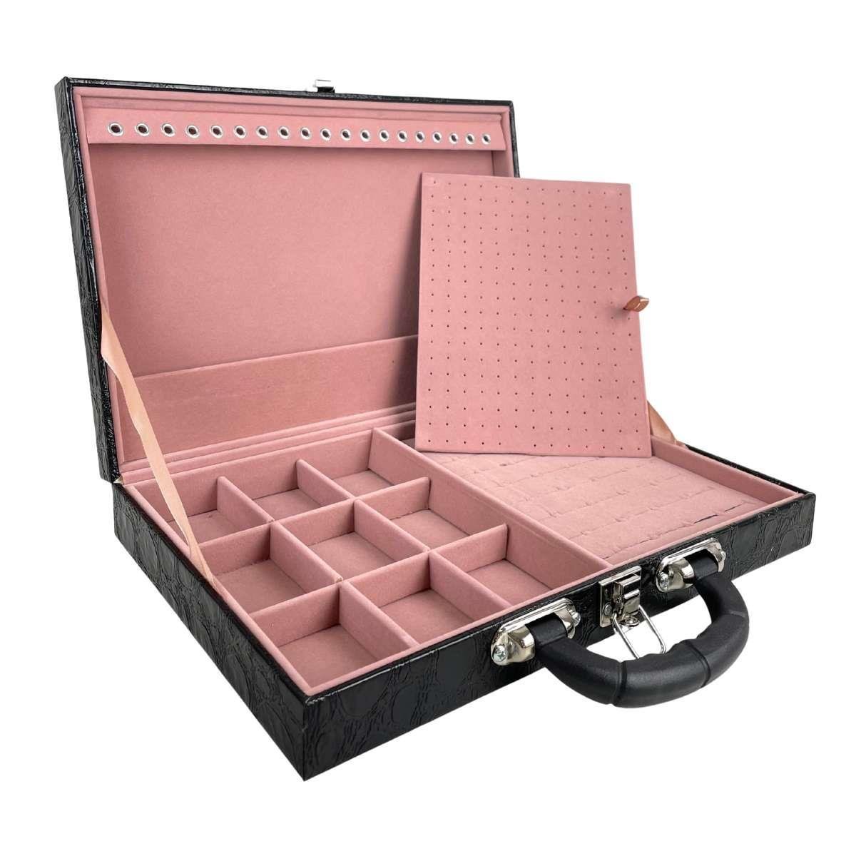 Estojo Maleta Porta Jóias Simples Grande Athenas Com Alça Preta