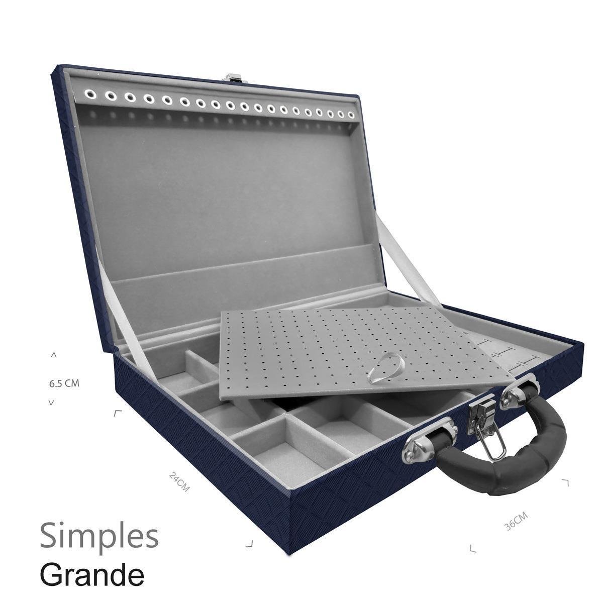 Estojo Maleta Porta Jóias Simples Grande Dijon Azul Marinho Com Alça Preta