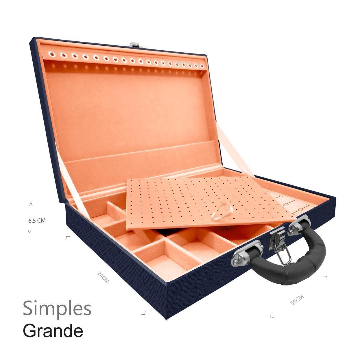 Estojo Maleta Porta Jóias Simples Grande Dijon Azul Marinho Com Alça Preta
