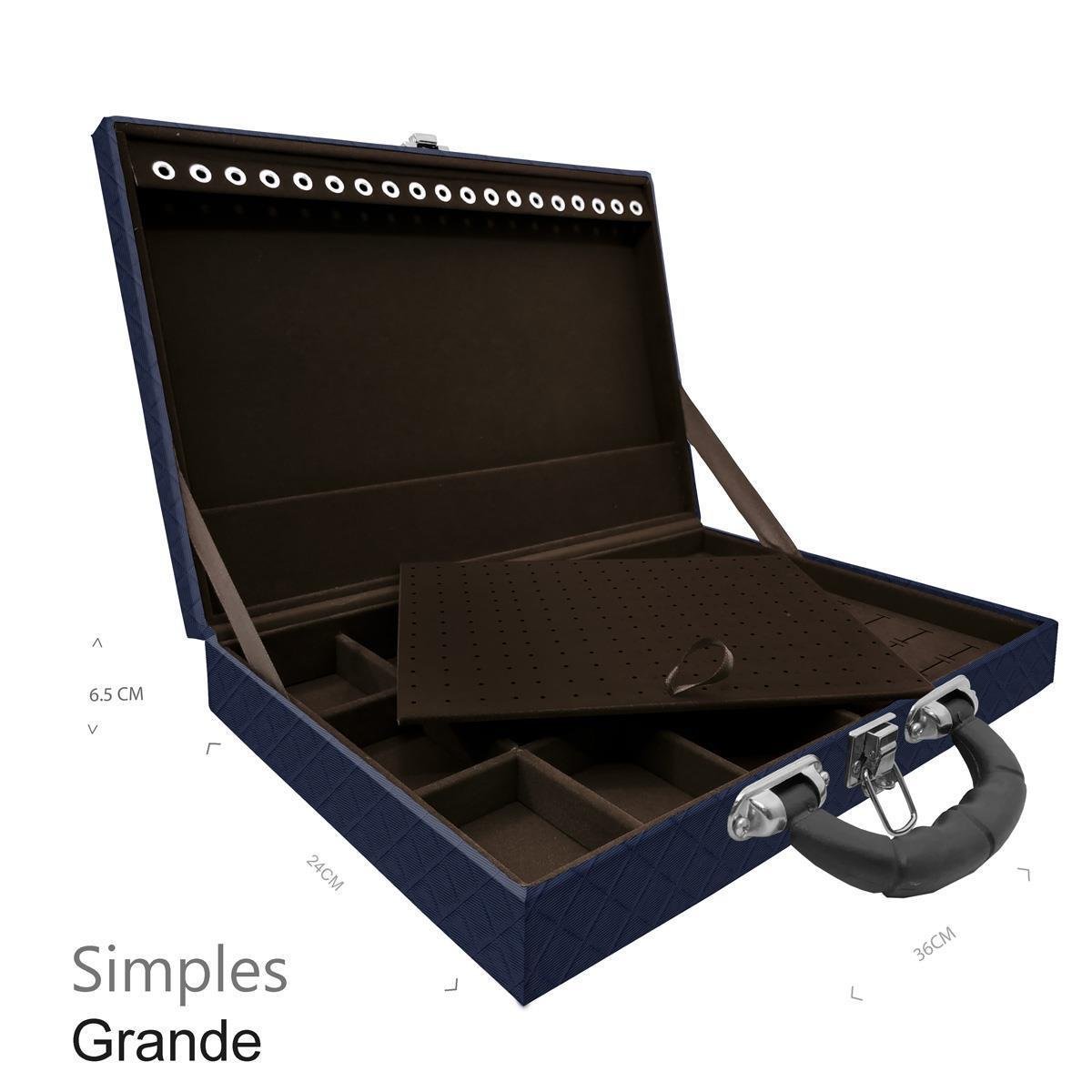 Estojo Maleta Porta Jóias Simples Grande Dijon Azul Marinho Com Alça Preta