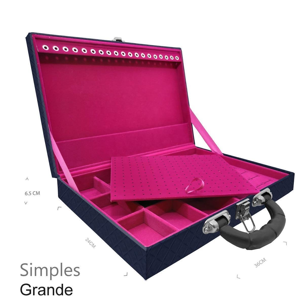 Estojo Maleta Porta Jóias Simples Grande Dijon Azul Marinho Com Alça Preta