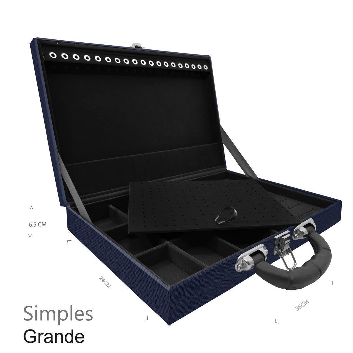 Estojo Maleta Porta Jóias Simples Grande Dijon Azul Marinho Com Alça Preta