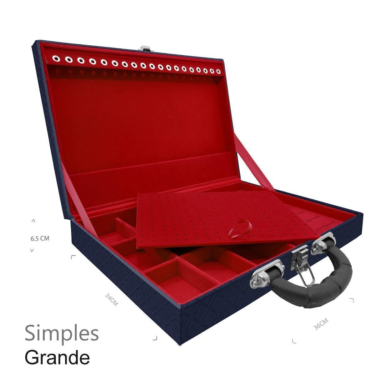 Estojo Maleta Porta Jóias Simples Grande Dijon Azul Marinho Com Alça Preta