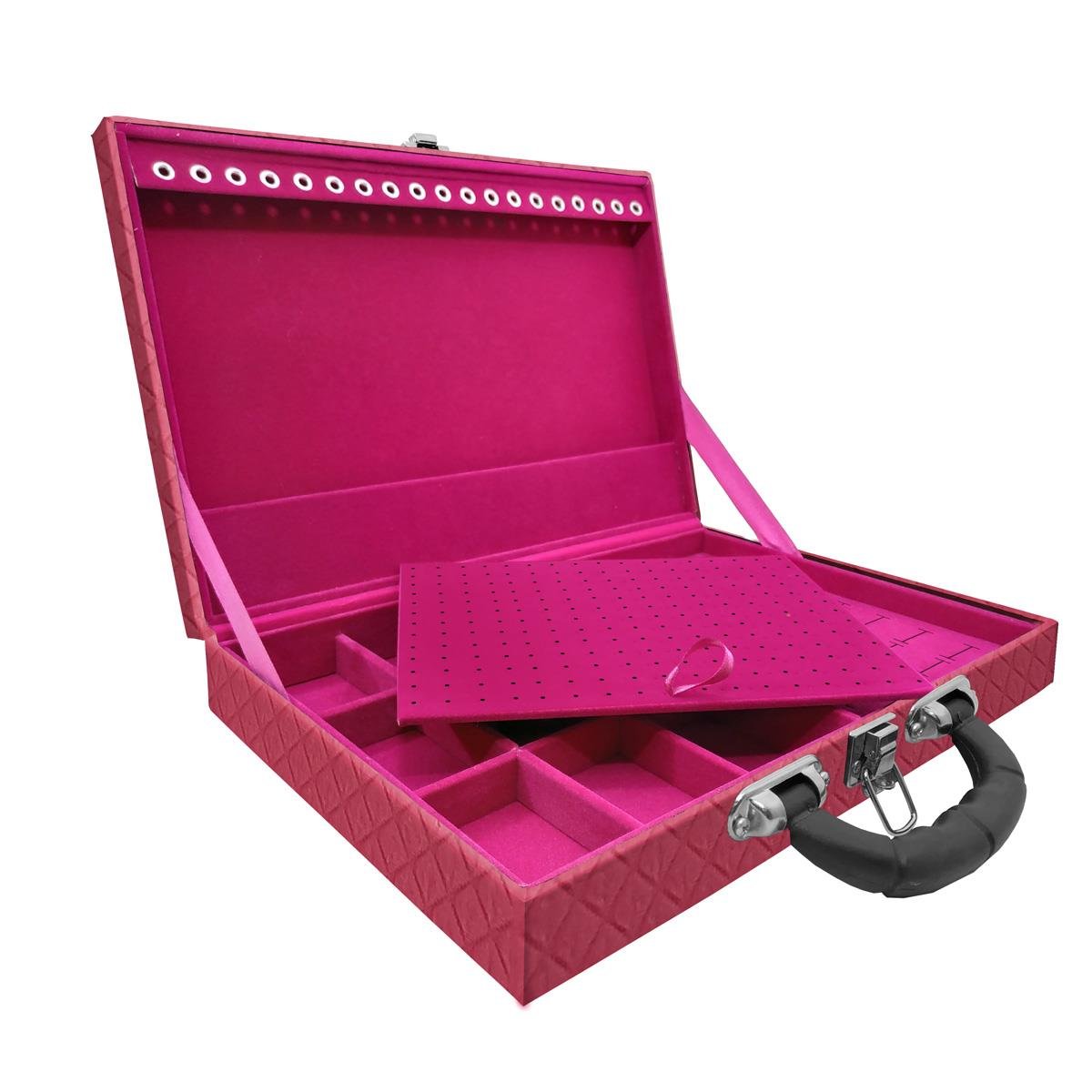 Estojo Maleta Porta Jóias Simples Grande Dijon Pink Com Alça Preta