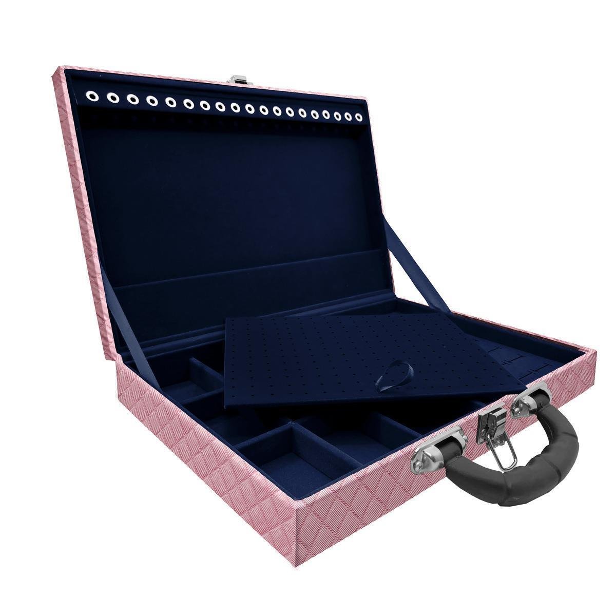 Estojo Maleta Porta Jóias Simples Grande Dijon Rosa Bebê Metalizado Com Alça Preta