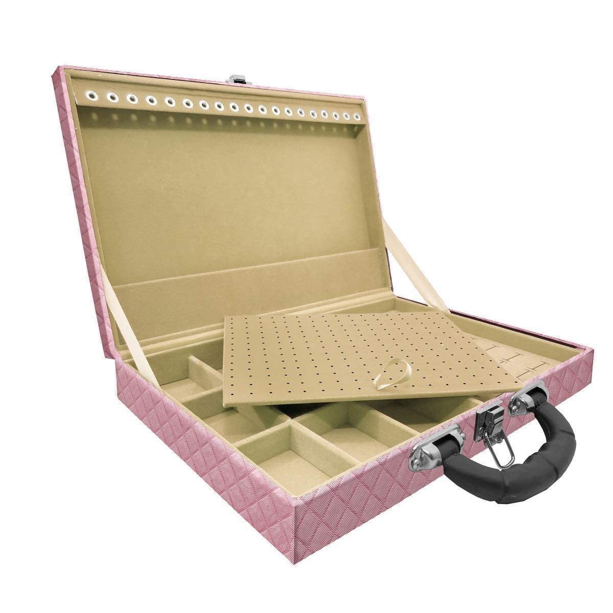 Estojo Maleta Porta Jóias Simples Grande Dijon Rosa Bebê Metalizado Com Alça Preta