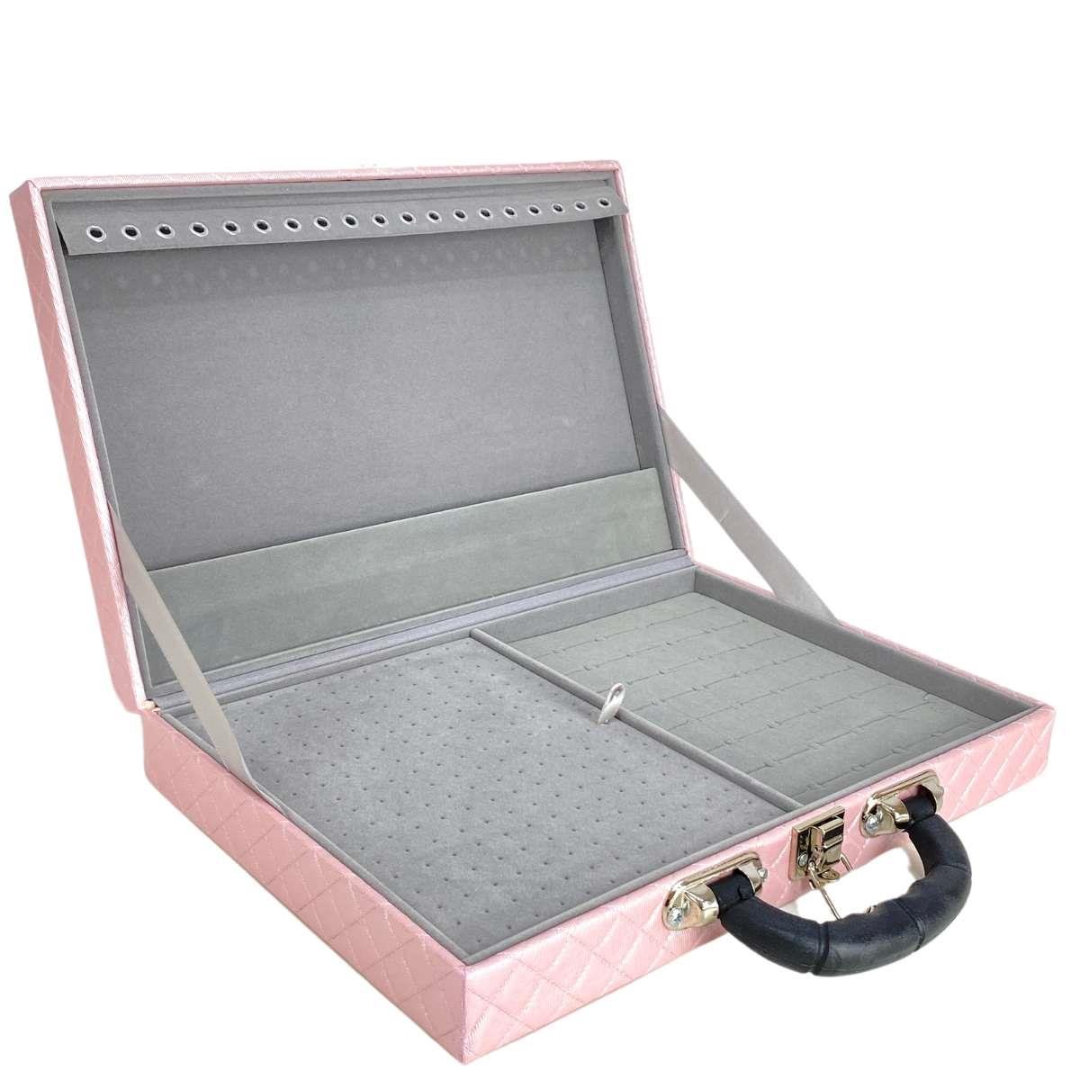 Estojo Maleta Porta Jóias Simples Grande Dijon Rosa Bebê Metalizado Com Alça Preta