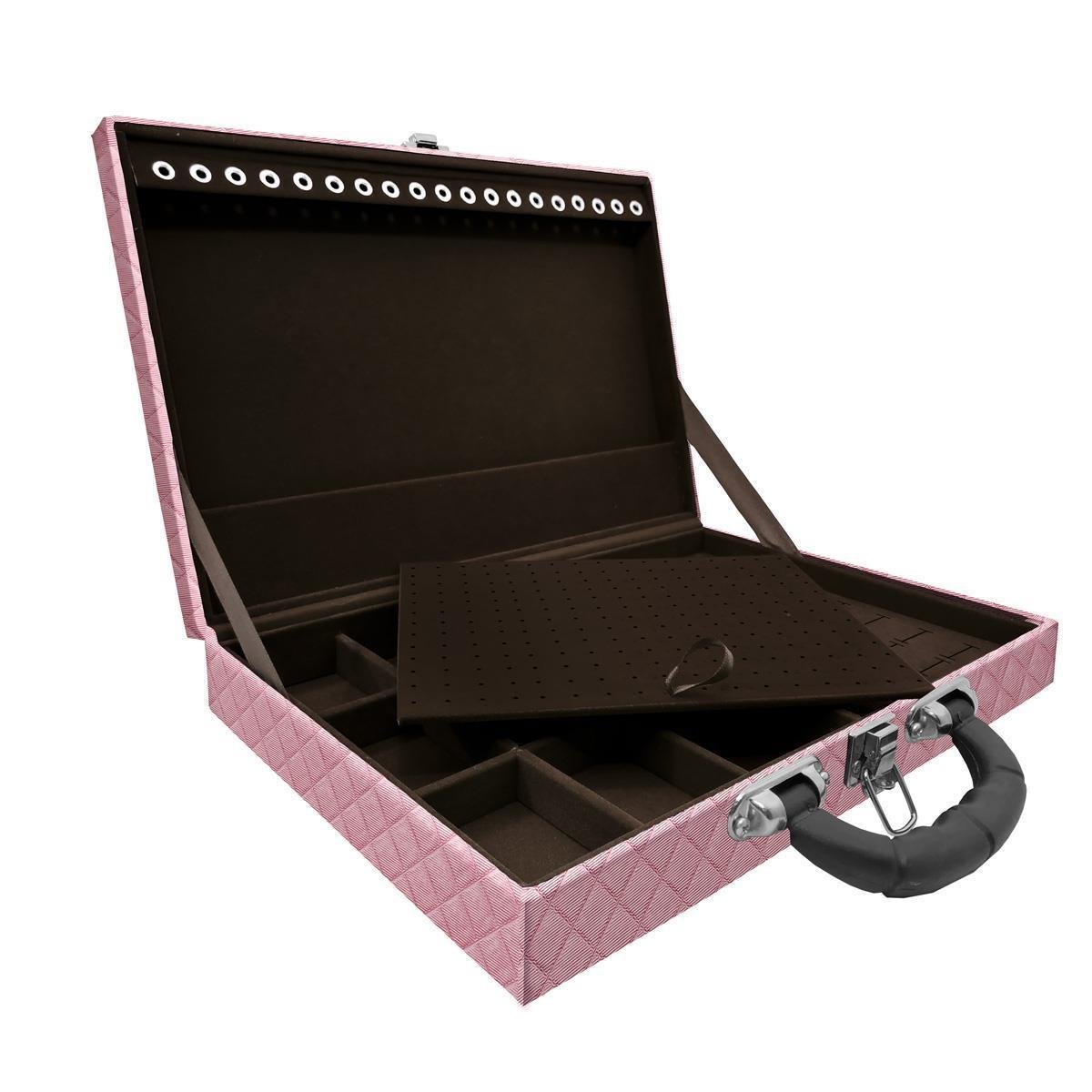 Estojo Maleta Porta Jóias Simples Grande Dijon Rosa Bebê Metalizado Com Alça Preta