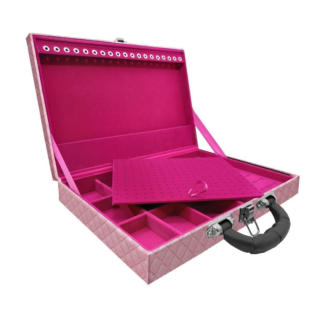 Estojo Maleta Porta Jóias Simples Grande Dijon Rosa Bebê Metalizado Com Alça Preta