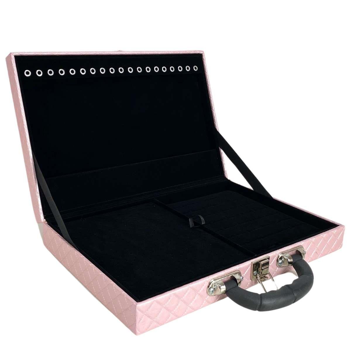 Estojo Maleta Porta Jóias Simples Grande Dijon Rosa Bebê Metalizado Com Alça Preta