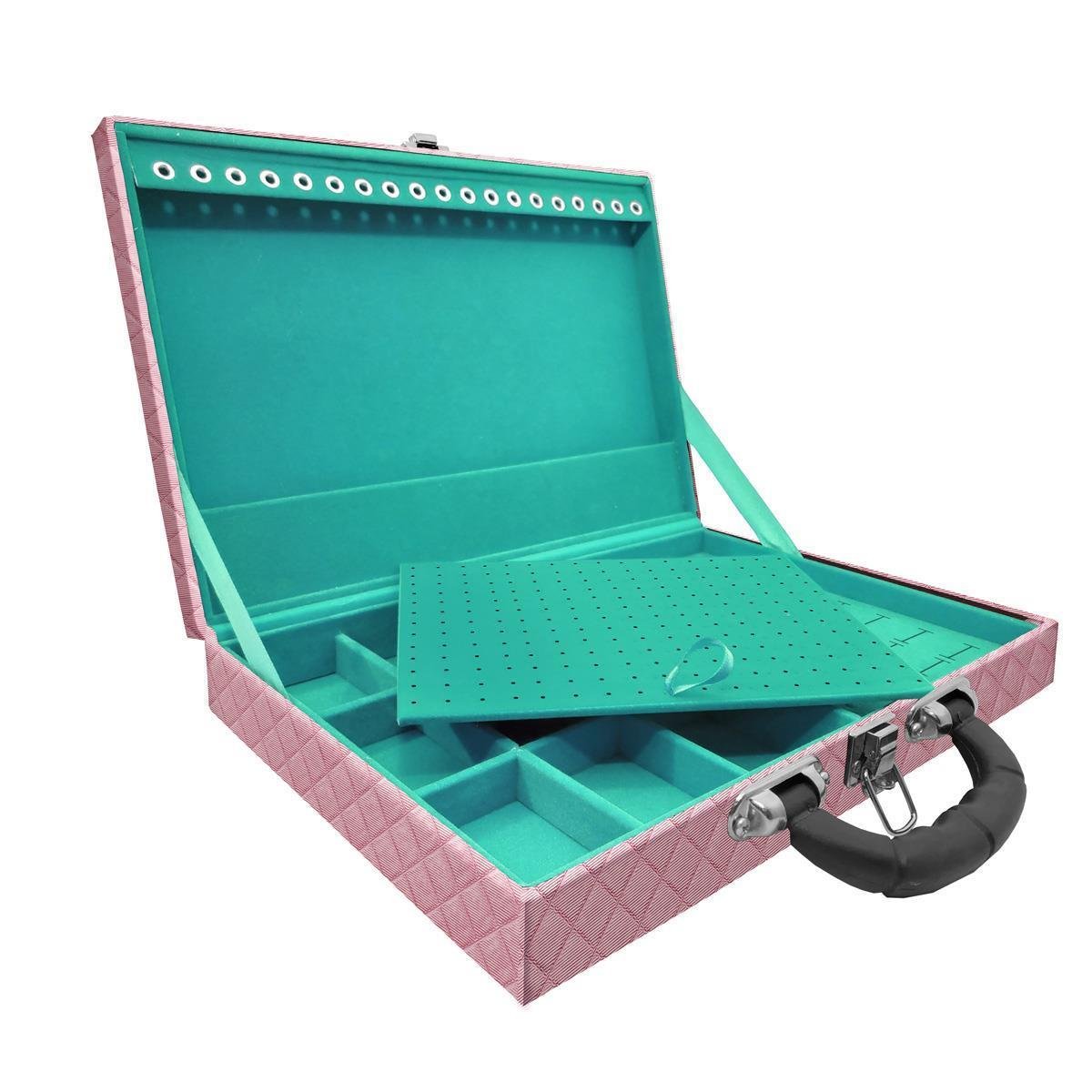 Estojo Maleta Porta Jóias Simples Grande Dijon Rosa Bebê Metalizado Com Alça Preta