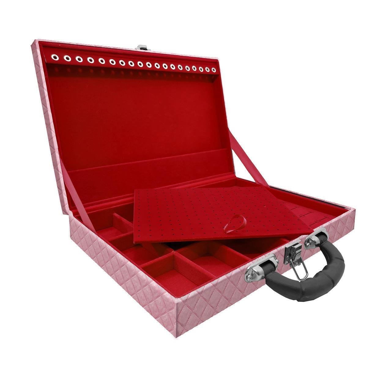 Estojo Maleta Porta Jóias Simples Grande Dijon Rosa Bebê Metalizado Com Alça Preta