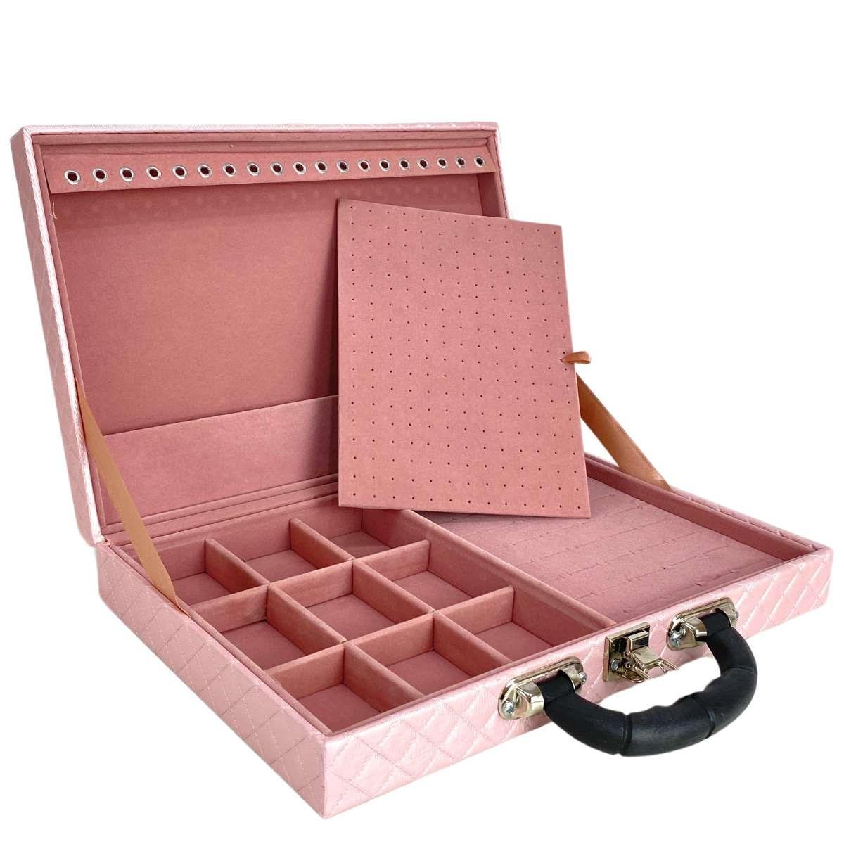 Estojo Maleta Porta Jóias Simples Grande Dijon Rosa Bebê Metalizado Com Alça Preta