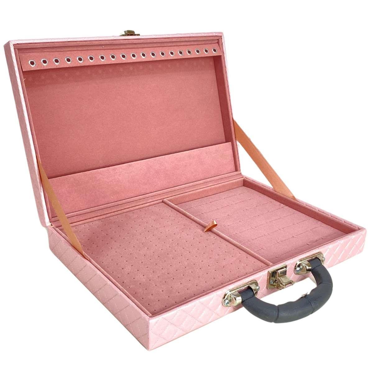 Estojo Maleta Porta Jóias Simples Grande Dijon Rosa Bebê Metalizado Com Alça Preta
