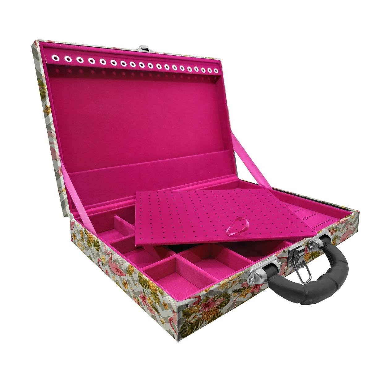 Estojo Maleta Porta Jóias Simples Grande Flamingo Com Alça Preta