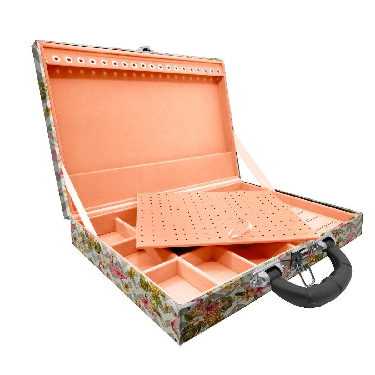 Estojo Maleta Porta Jóias Simples Grande Flamingo Com Alça Preta
