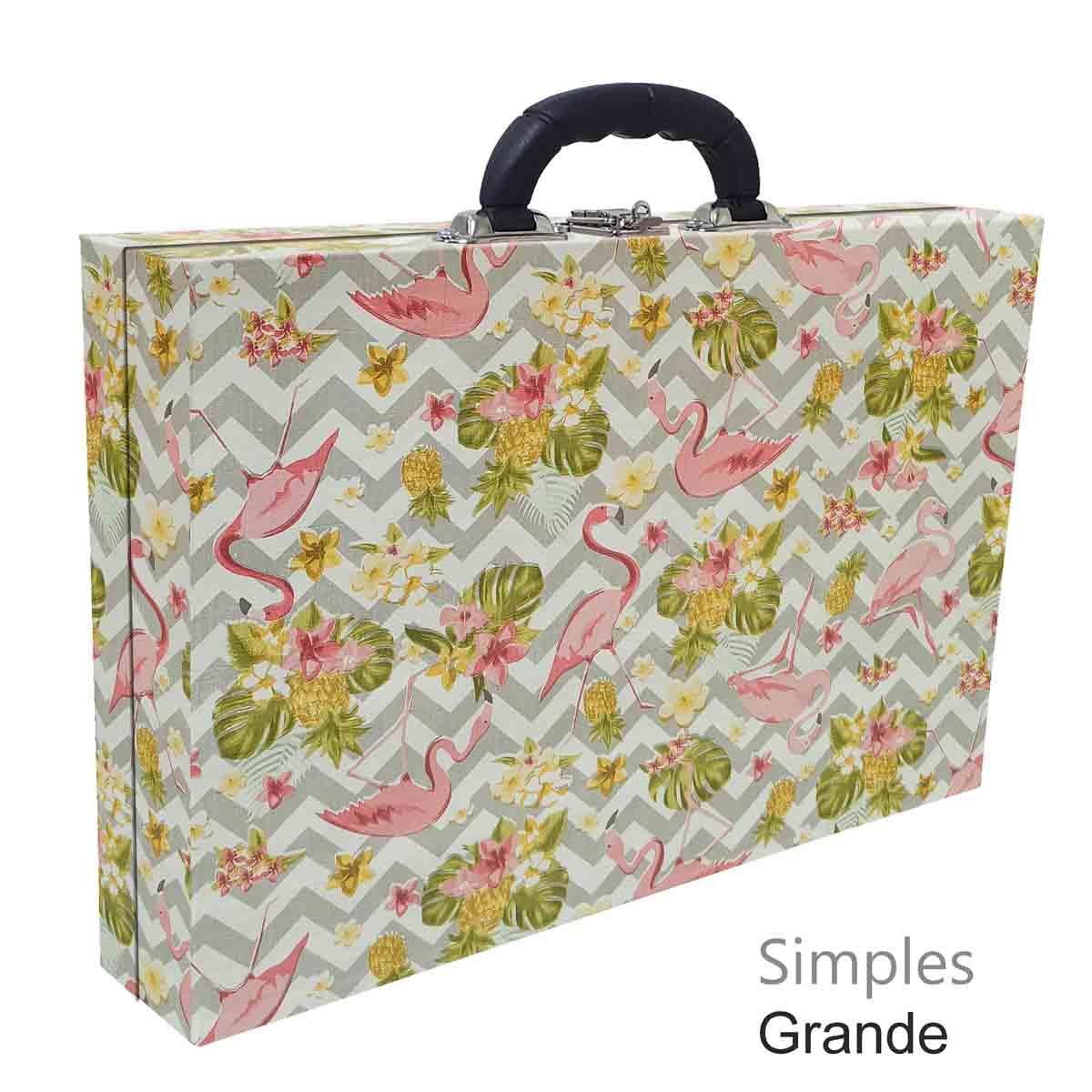 Estojo Maleta Porta Jóias Simples Grande Flamingo Com Alça Preta