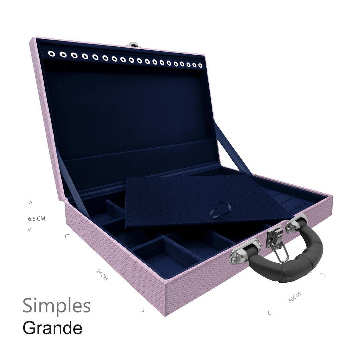 Estojo Maleta Porta Jóias Simples Grande Ladrilhado Lilás Com Alça Preta