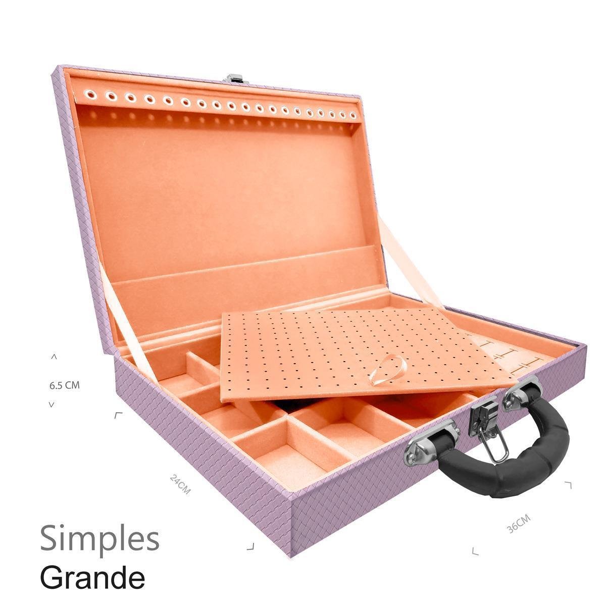 Estojo Maleta Porta Jóias Simples Grande Ladrilhado Lilás Com Alça Preta