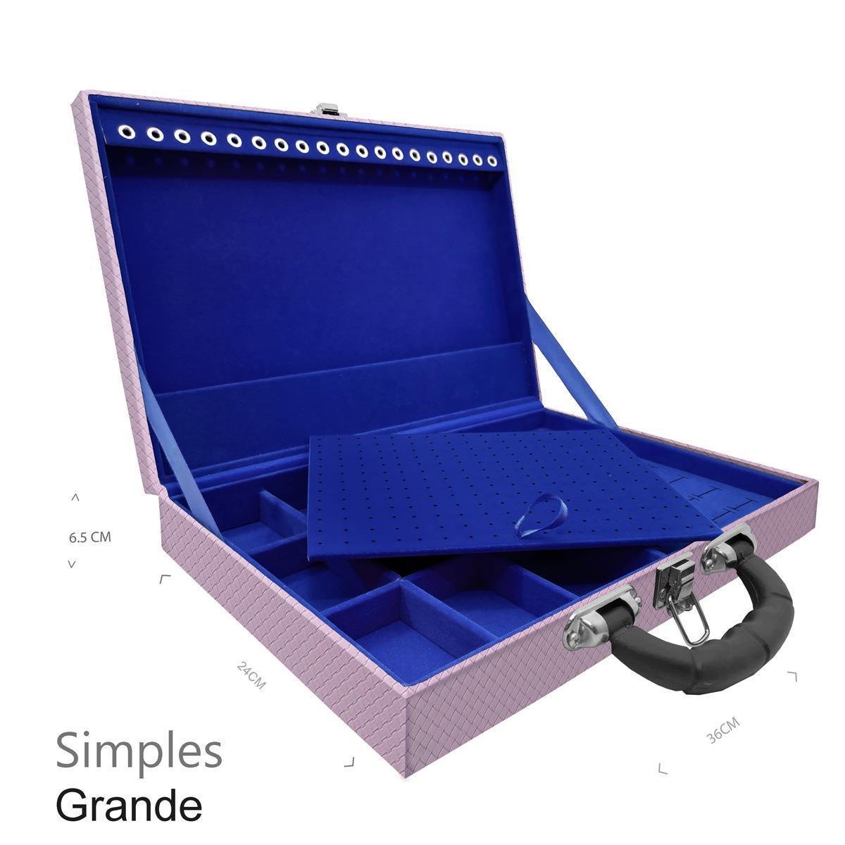 Estojo Maleta Porta Jóias Simples Grande Ladrilhado Lilás Com Alça Preta