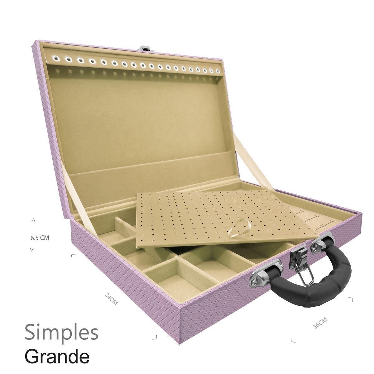 Estojo Maleta Porta Jóias Simples Grande Ladrilhado Lilás Com Alça Preta