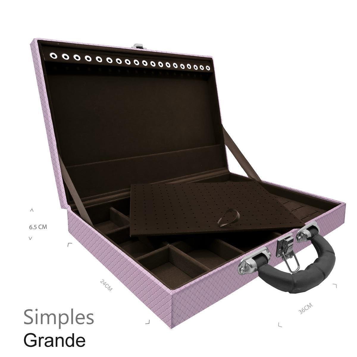 Estojo Maleta Porta Jóias Simples Grande Ladrilhado Lilás Com Alça Preta