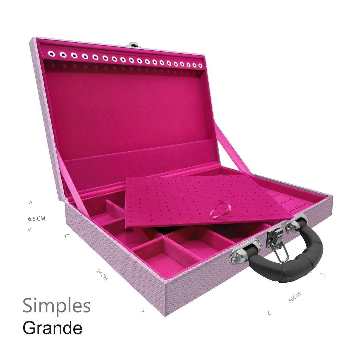 Estojo Maleta Porta Jóias Simples Grande Ladrilhado Lilás Com Alça Preta