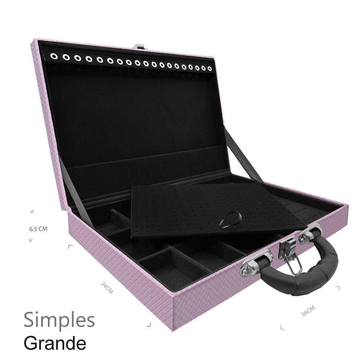 Estojo Maleta Porta Jóias Simples Grande Ladrilhado Lilás Com Alça Preta