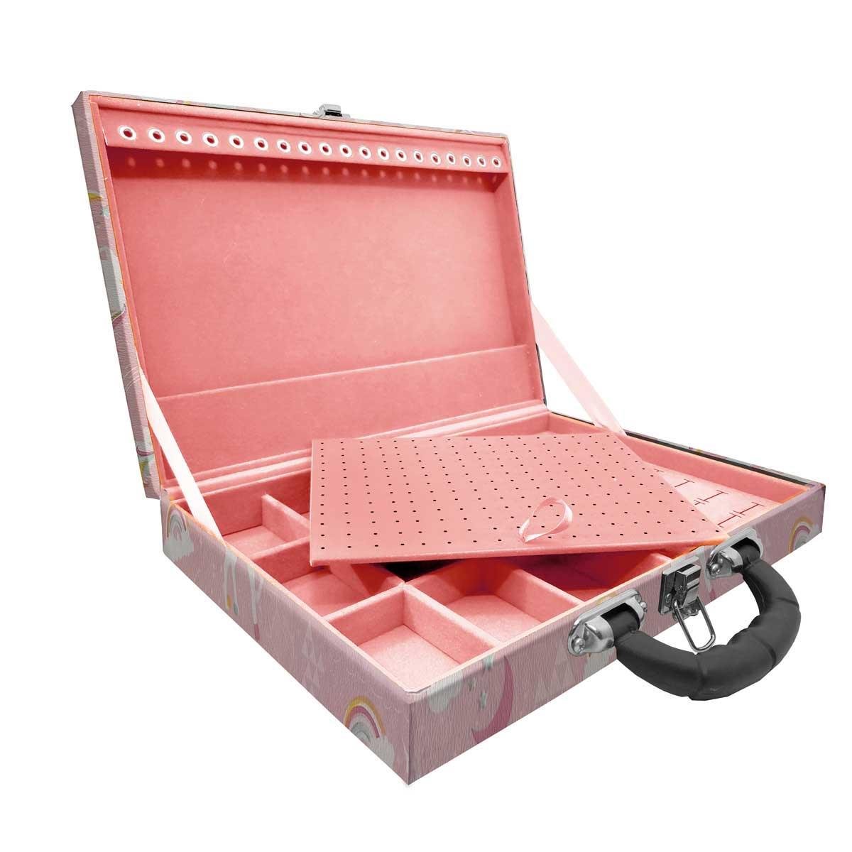 Estojo Maleta Porta Jóias Simples Grande Unicórnio Rosa Com Alça Preta