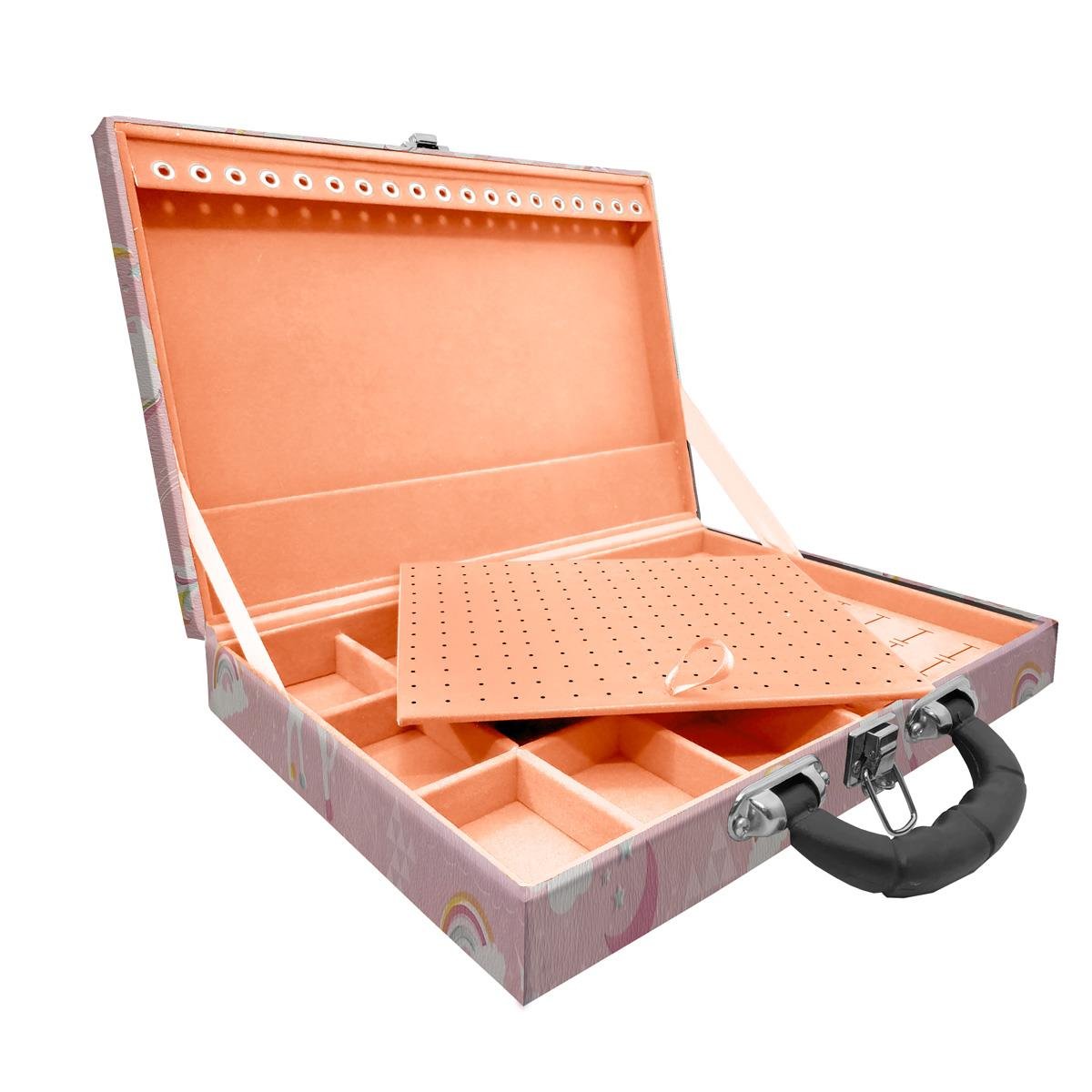 Estojo Maleta Porta Jóias Simples Grande Unicórnio Rosa Com Alça Preta