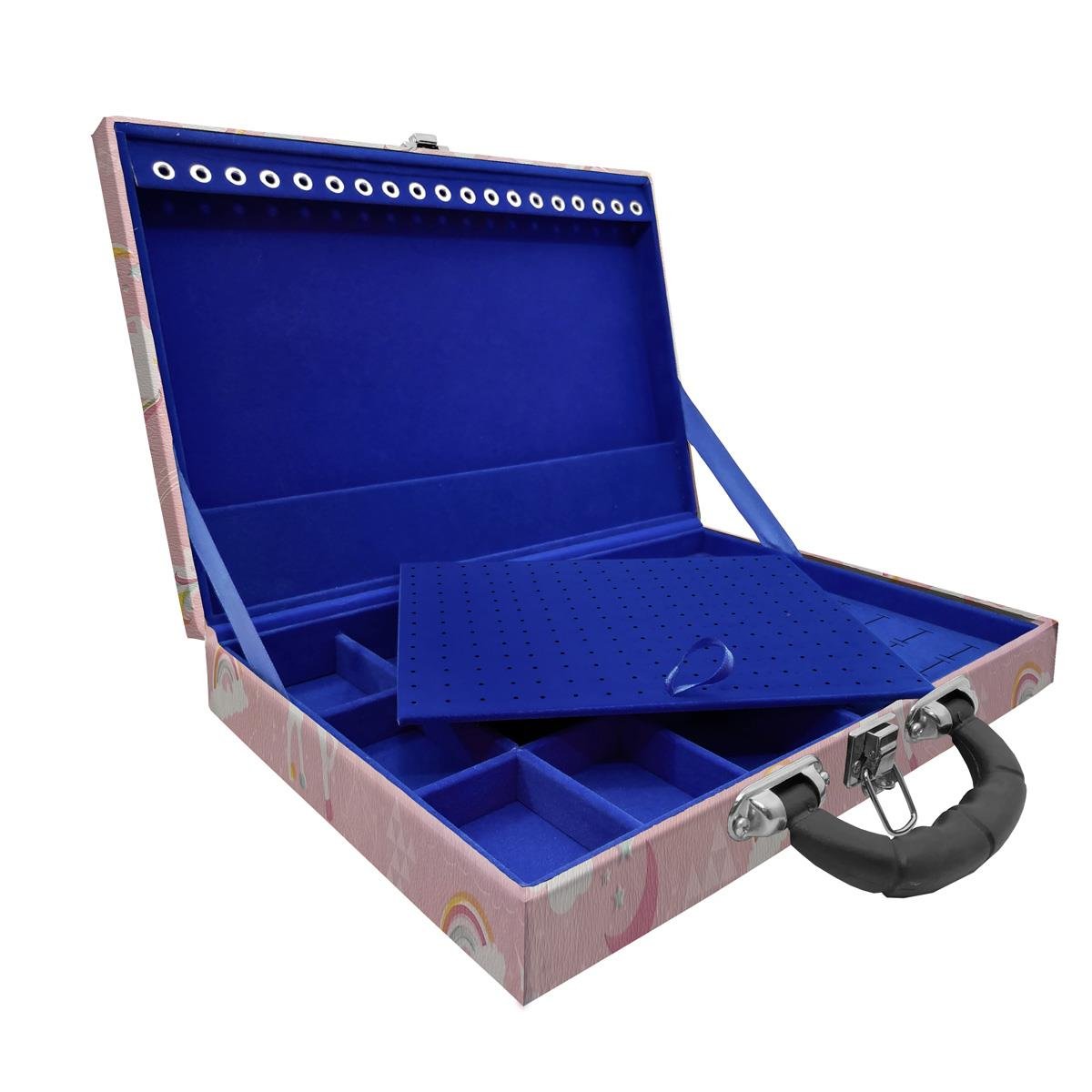 Estojo Maleta Porta Jóias Simples Grande Unicórnio Rosa Com Alça Preta