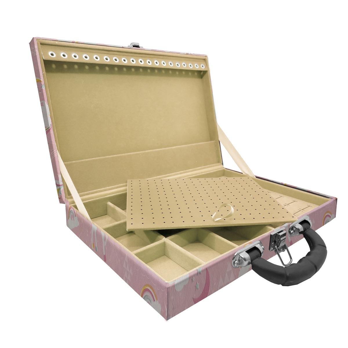 Estojo Maleta Porta Jóias Simples Grande Unicórnio Rosa Com Alça Preta
