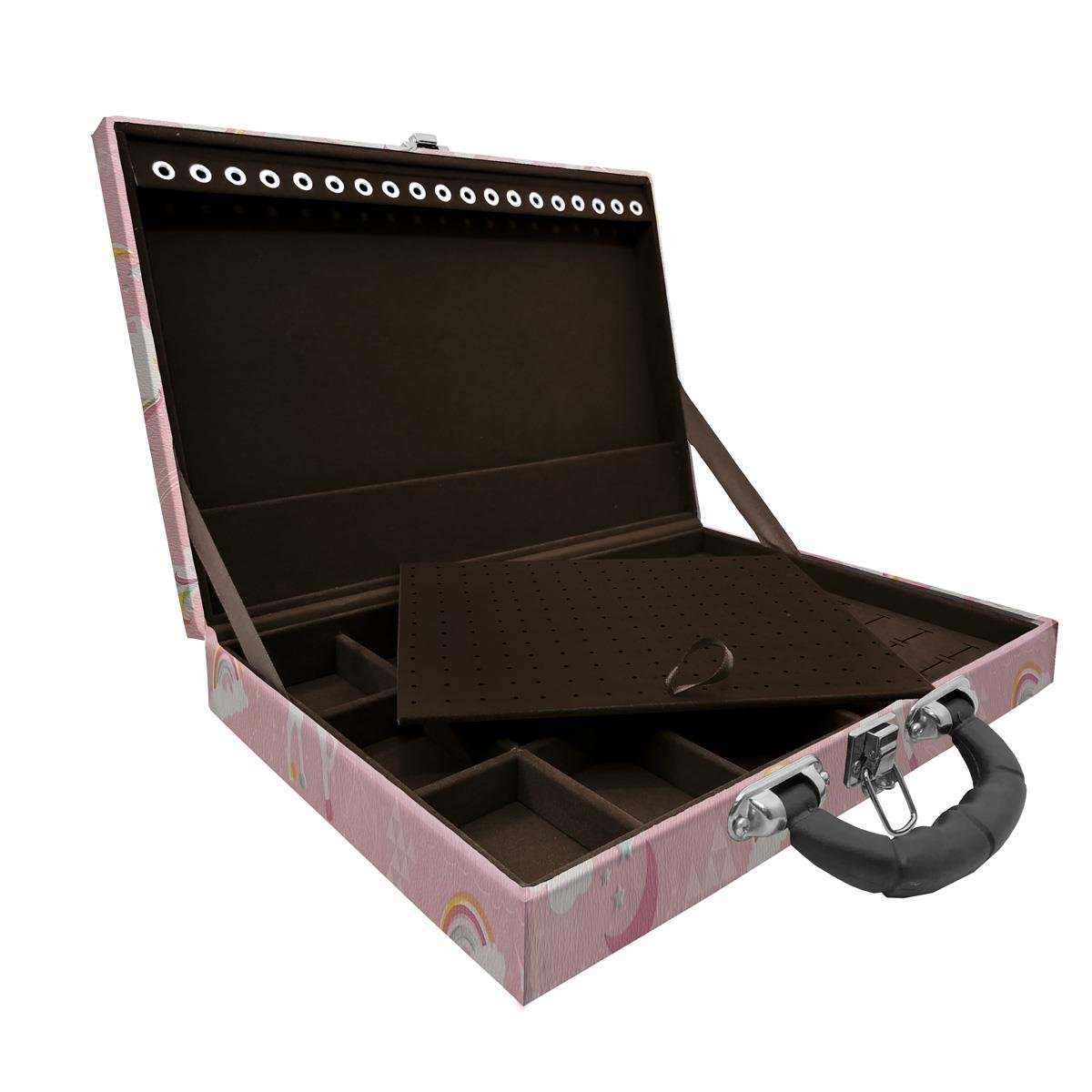 Estojo Maleta Porta Jóias Simples Grande Unicórnio Rosa Com Alça Preta