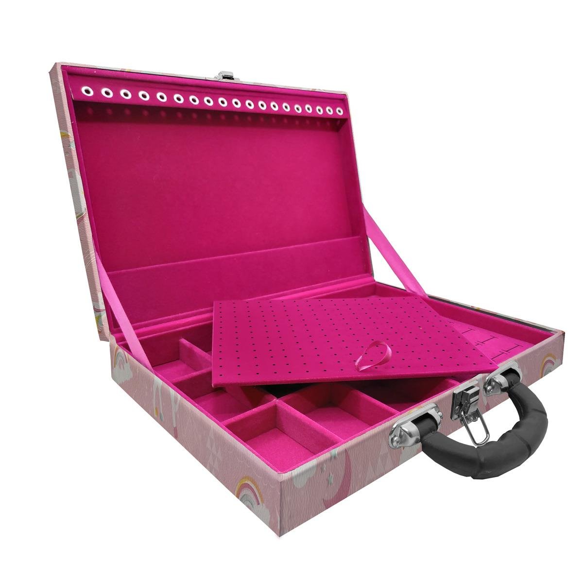 Estojo Maleta Porta Jóias Simples Grande Unicórnio Rosa Com Alça Preta