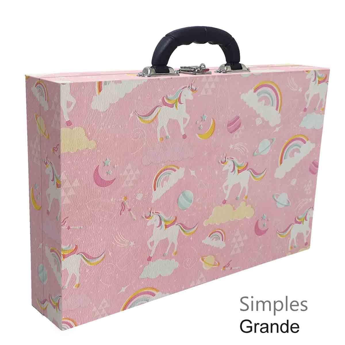 Estojo Maleta Porta Jóias Simples Grande Unicórnio Rosa Com Alça Preta