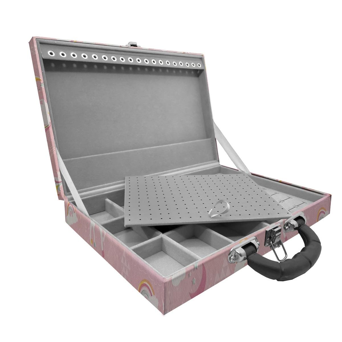 Estojo Maleta Porta Jóias Simples Grande Unicórnio Rosa Com Alça Preta