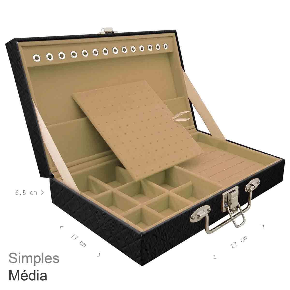 Estojo Maleta Porta Jóias Simples Média Dijon Preto