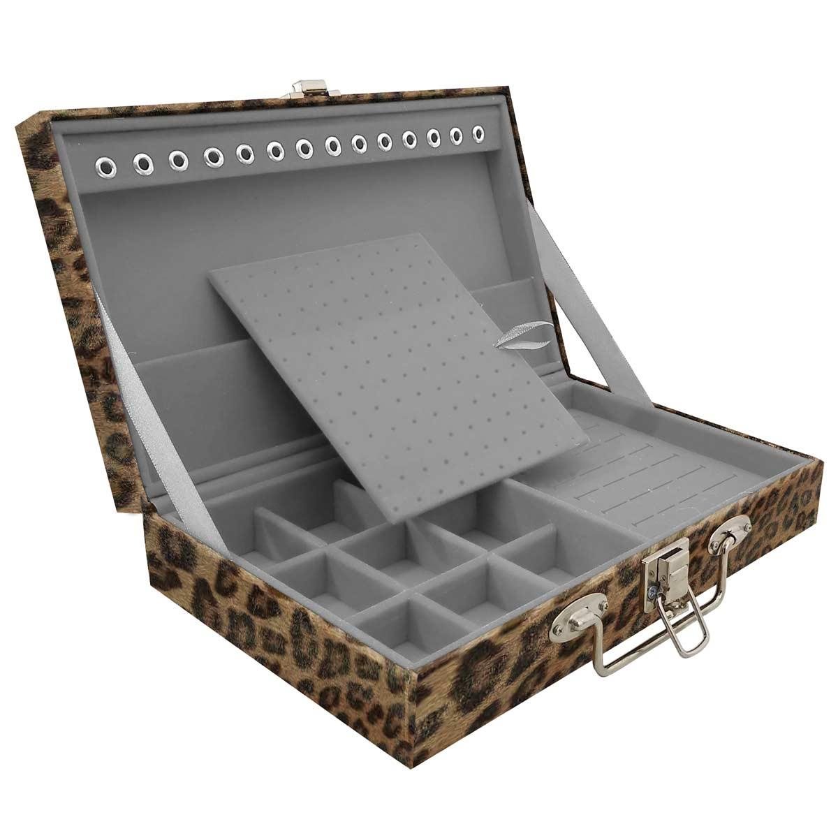 Estojo Maleta Porta Jóias Simples Média Onça Leopardo