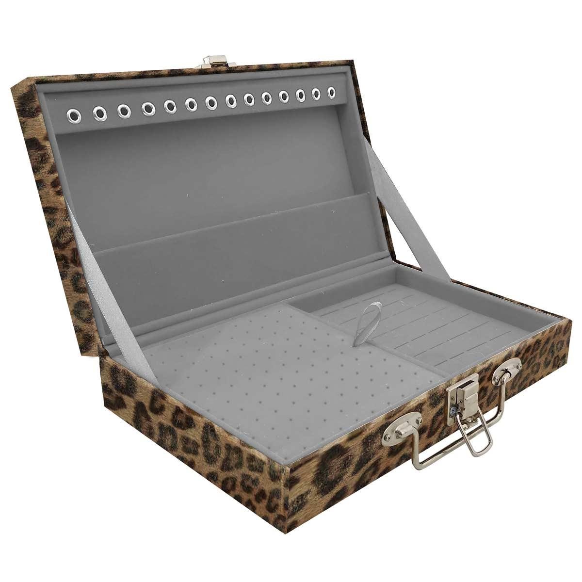 Estojo Maleta Porta Jóias Simples Média Onça Leopardo