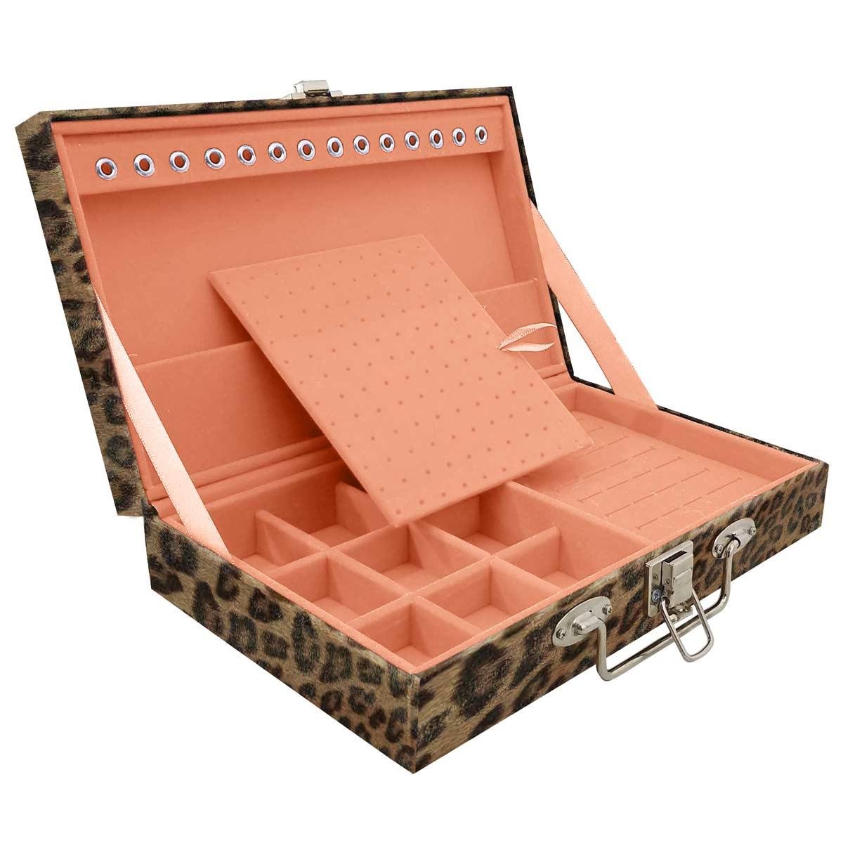 Estojo Maleta Porta Jóias Simples Média Onça Leopardo