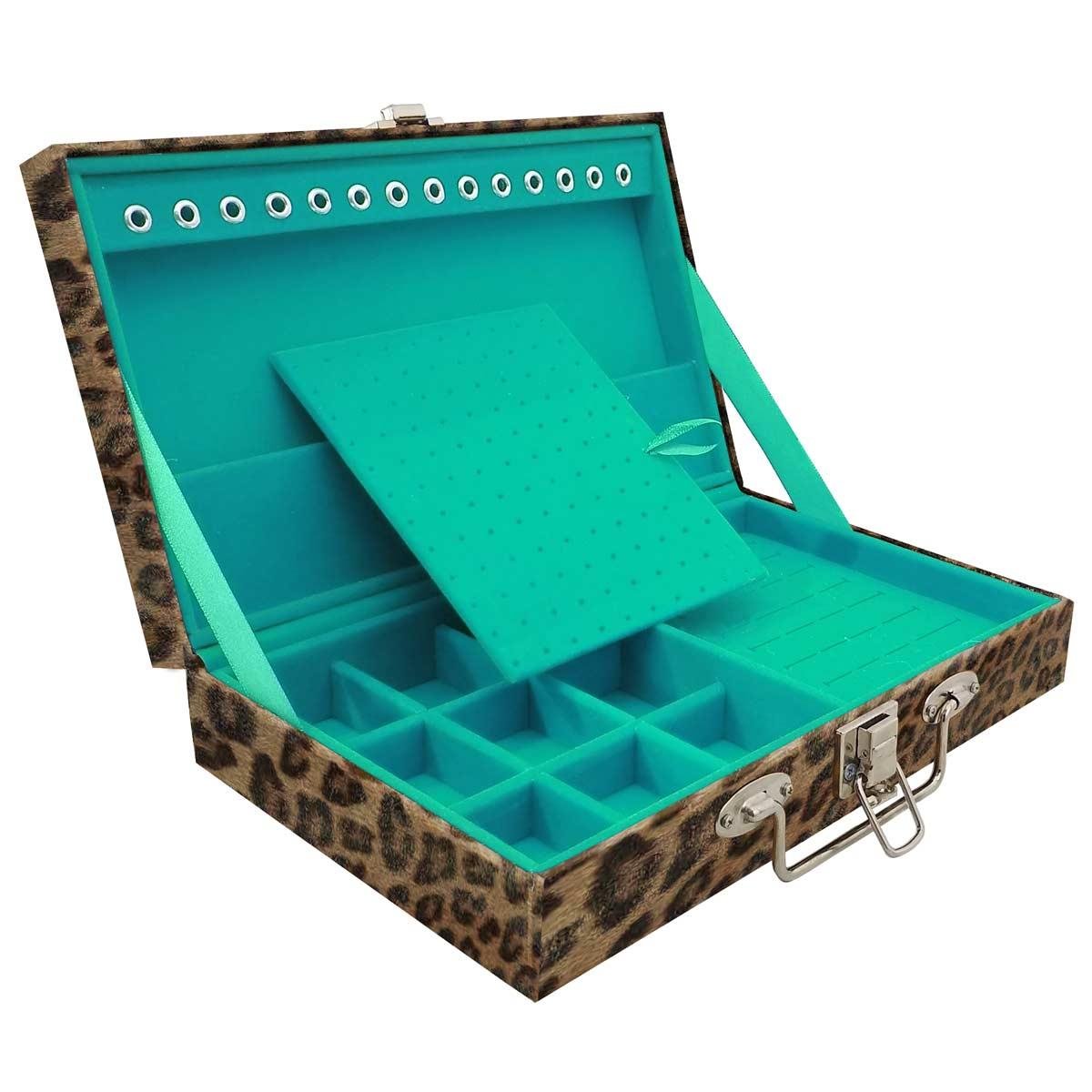 Estojo Maleta Porta Jóias Simples Média Onça Leopardo