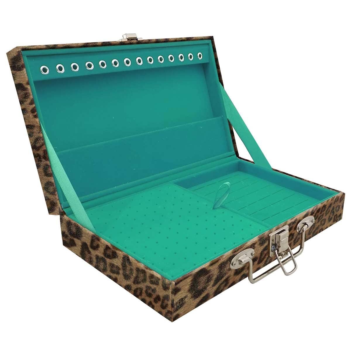 Estojo Maleta Porta Jóias Simples Média Onça Leopardo
